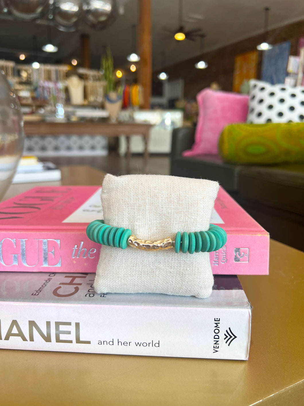 Wooden Disk Beaded Bracelet - Teal