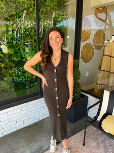 Adrian Sleeveless Ribbed Button Up Midi Dress- Olive