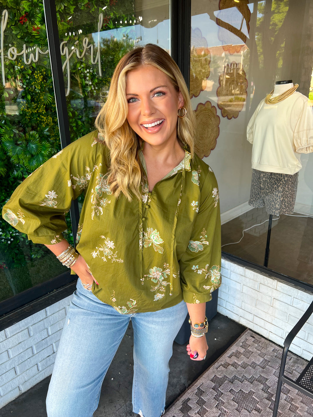 Callie Floral Printed Ruffle Neck Top- Olive