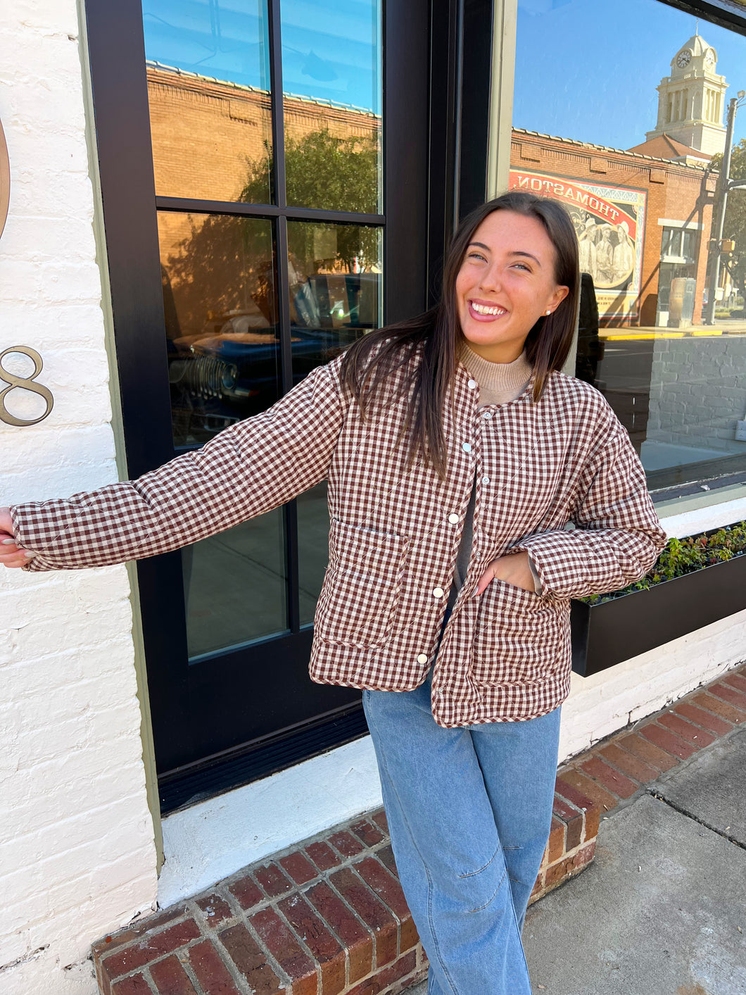Averie Gingham Button Up Jacket - Brown