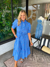 Load image into Gallery viewer, Nikki Floral Embroidered Stripe Midi Dress- Blue/White

