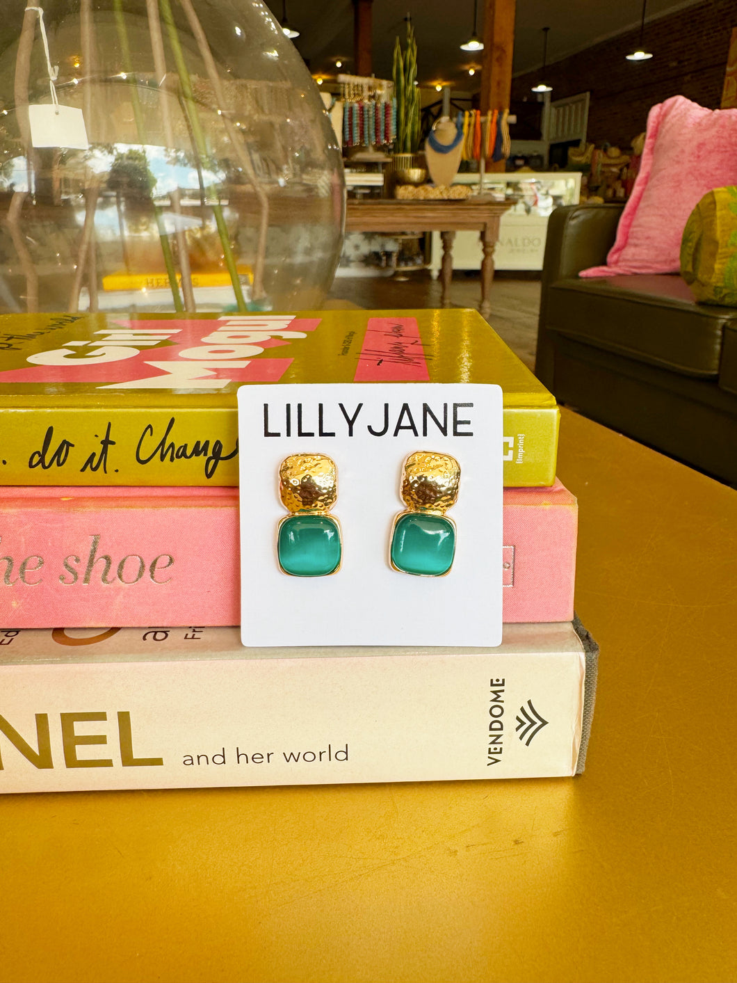 Gold Square Studded Stone Earrings- Emerald Green