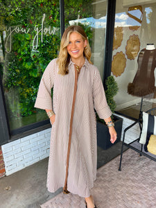 Adair Striped Button Up Midi Dress- Brown