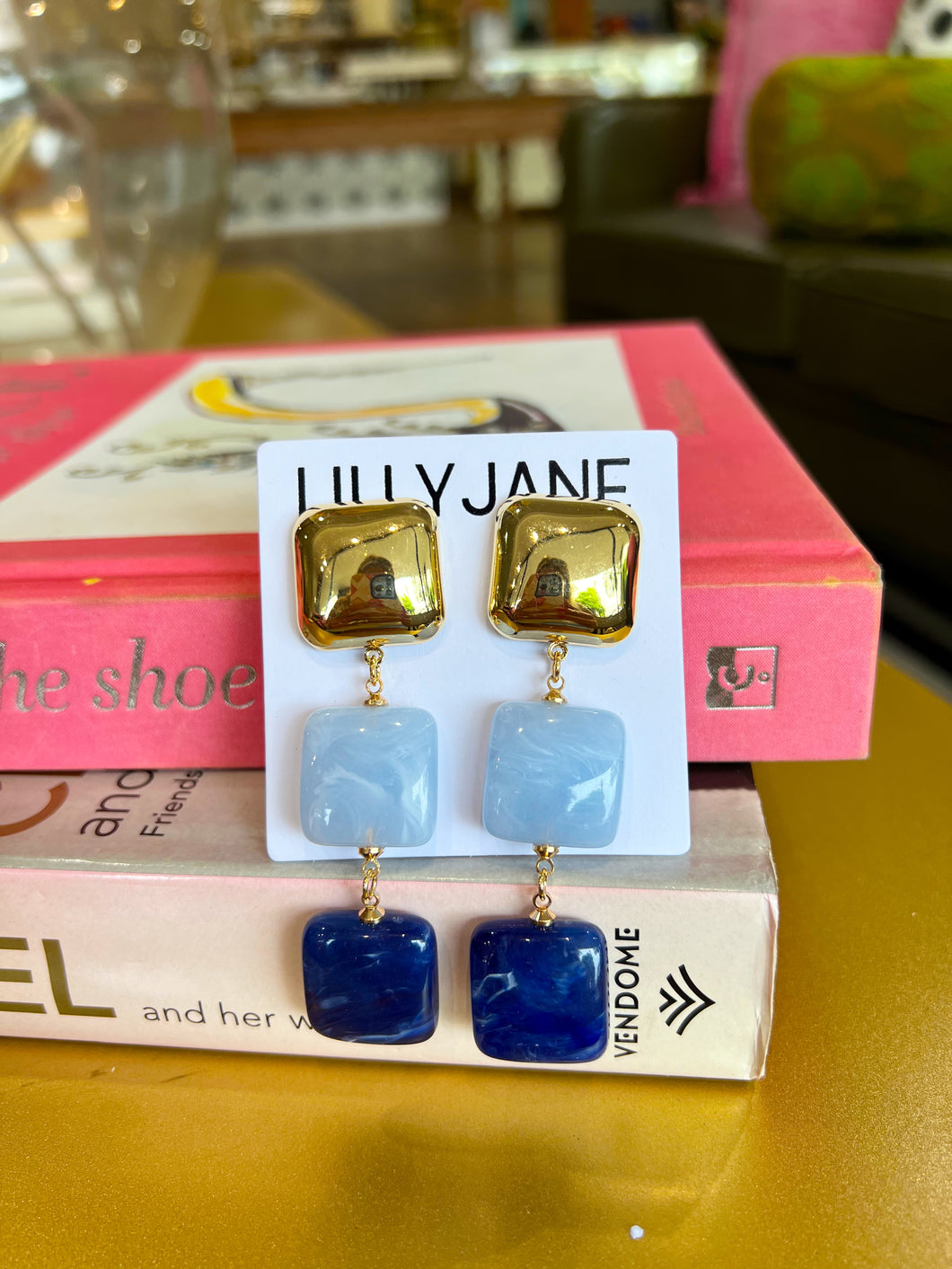 Color Block Square Dangle Earrings-Blue/Navy