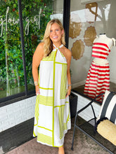 Load image into Gallery viewer, Carlisle Geometric Printed Halter Maxi Dress- White/Green
