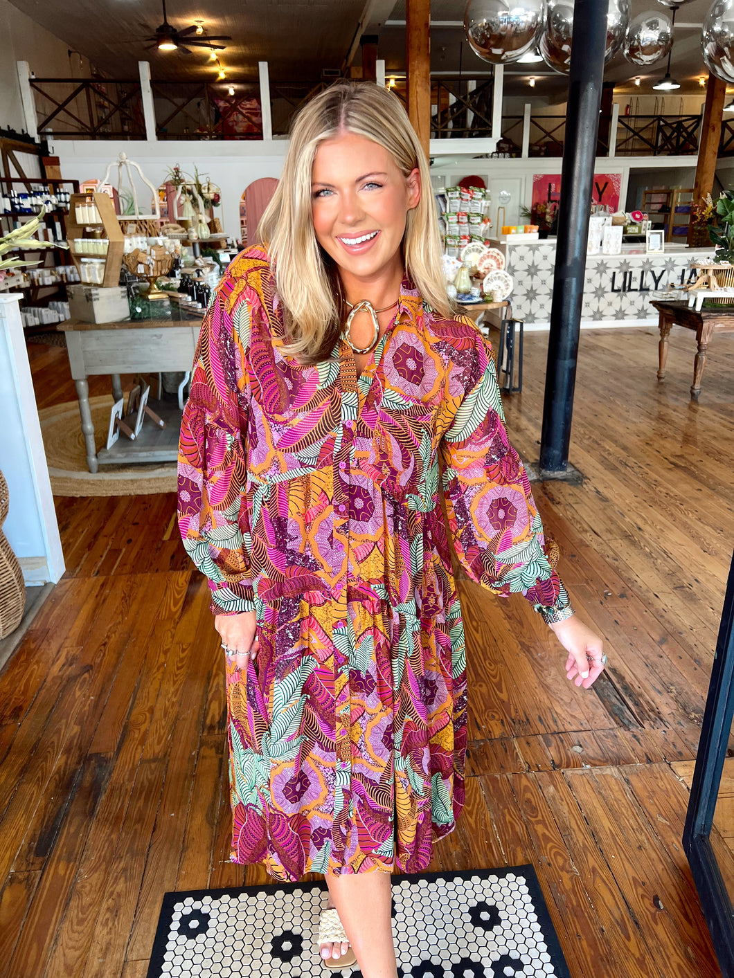 Amy Leaf Printed Chiffon High Low Dress- Magenta Muti