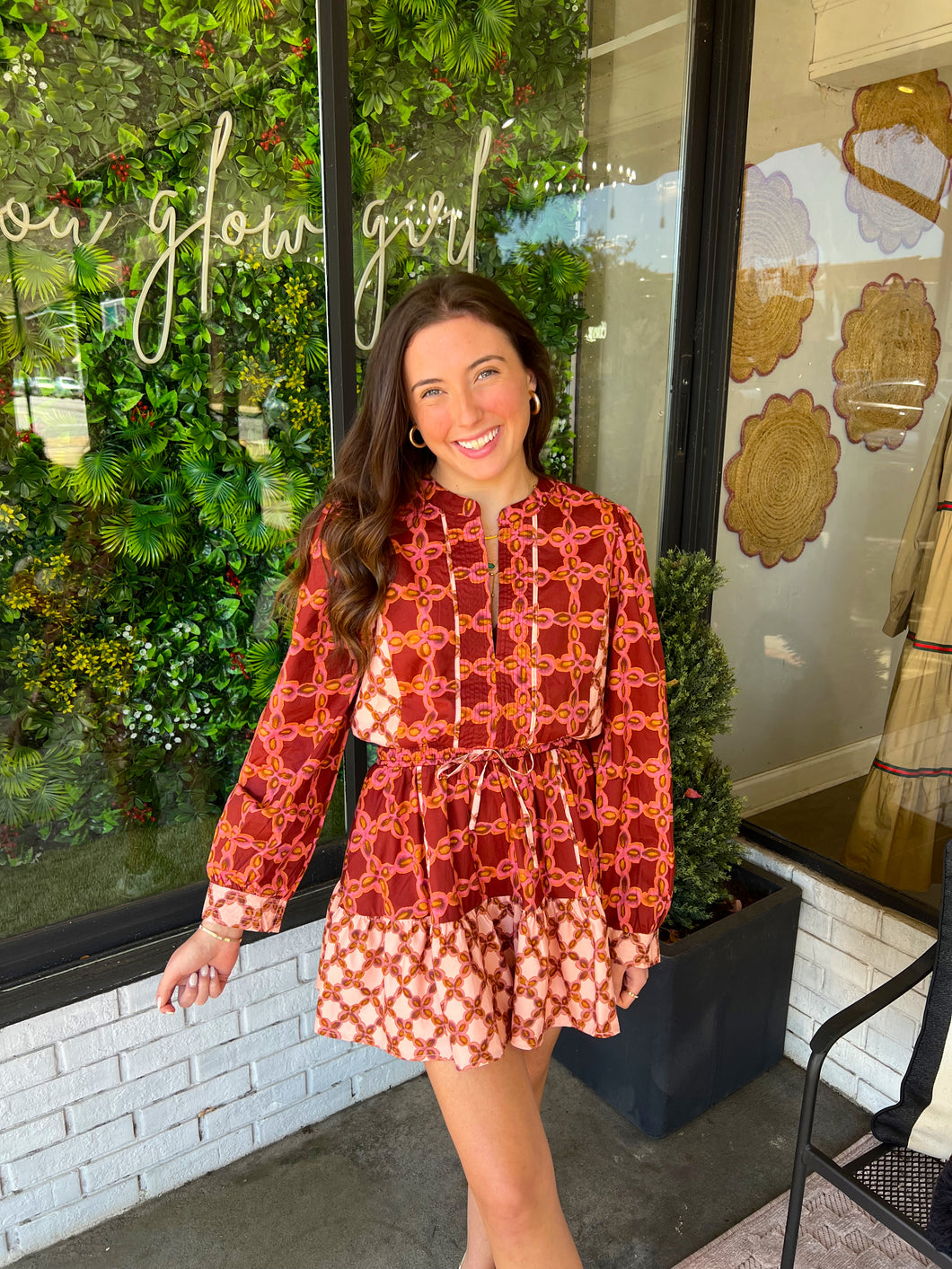 Wynn Floral Chainlink Printed Mini Dress- Pink/Burgundy