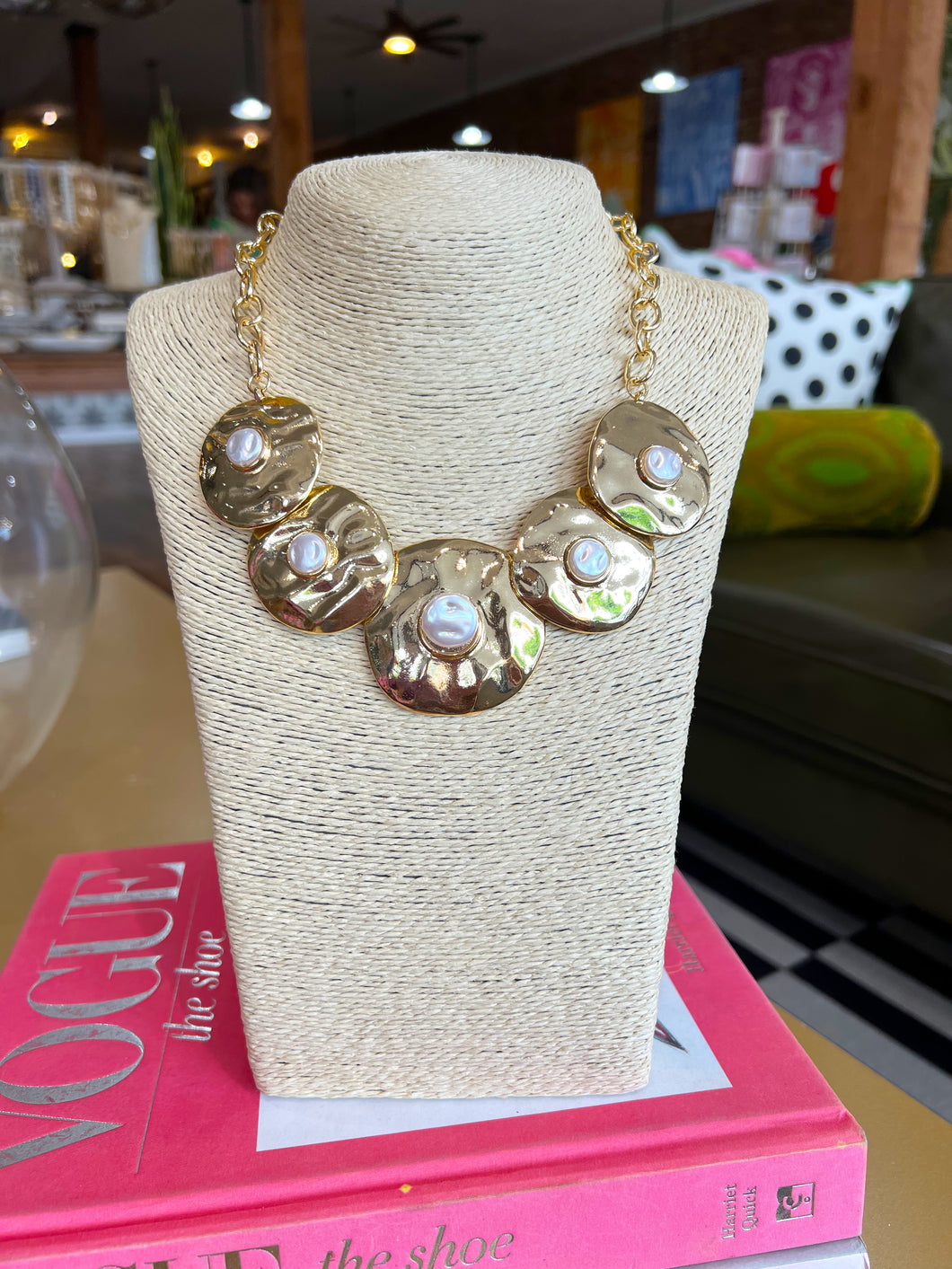 Gold Chunky Pearl Disc Necklace