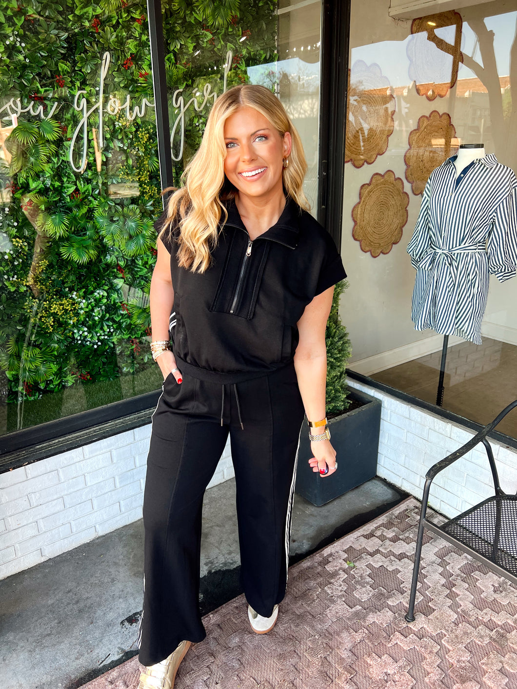 Kristie Cap Sleeve Striped Wide Leg Pant Set- Black