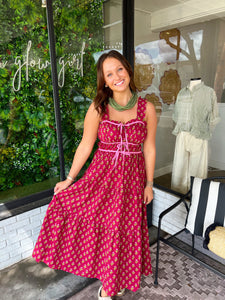 Sutton Floral Ruched Bow Midi Dress- Burgundy
