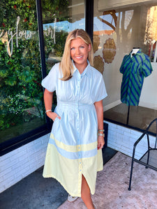 Rhonda Button Up Colorblock Midi Dress- Blue/Yellow