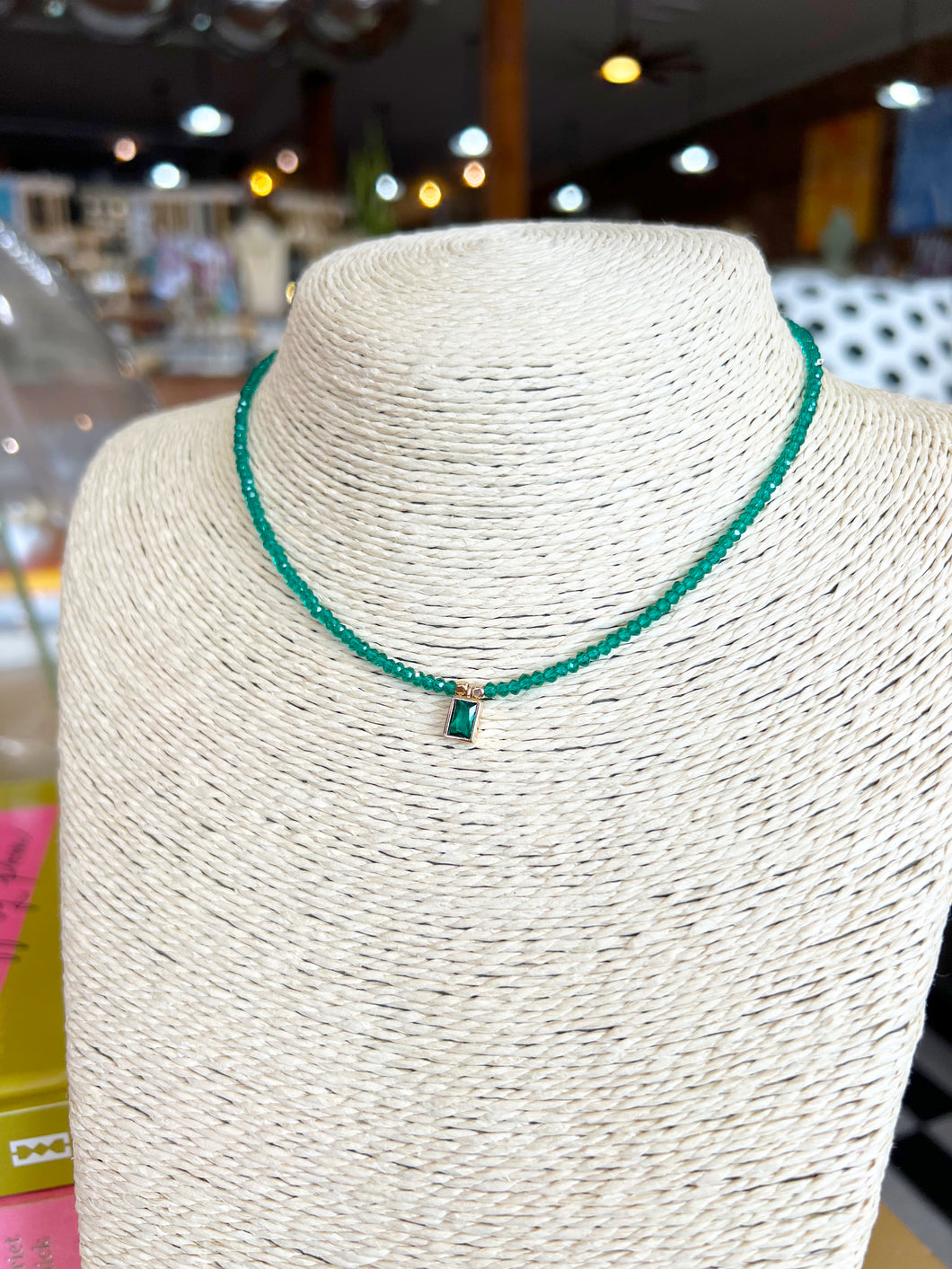Dainty Glass Beaded CZ Pendant Choker - Emerald Green