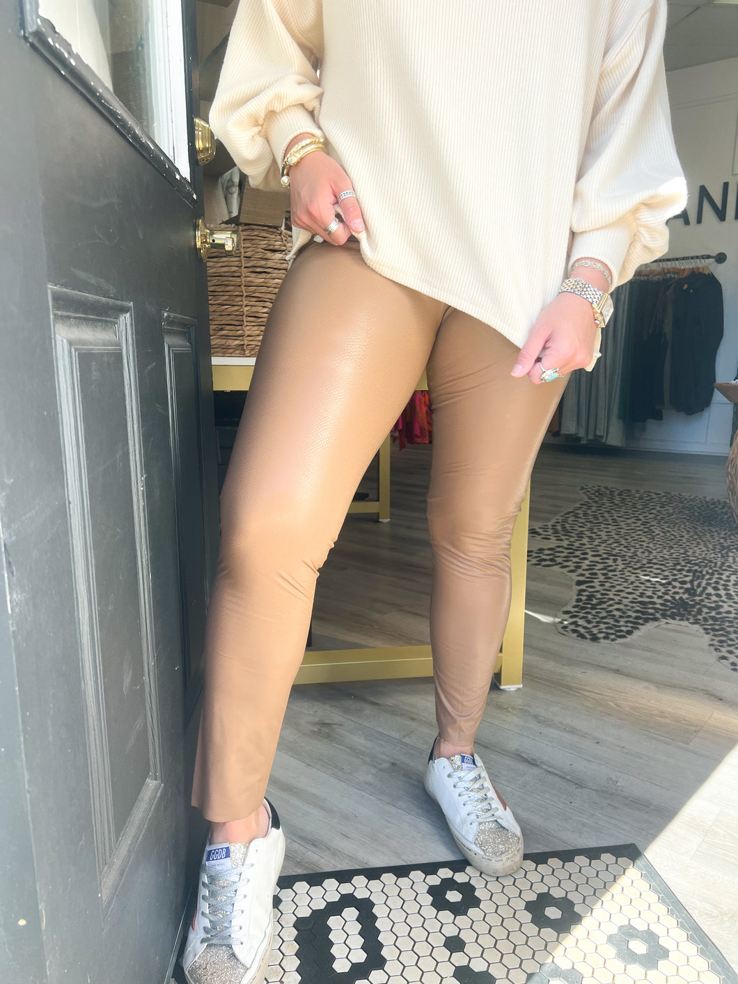Channing Snakeskin Faux Leather Leggings- Taupe