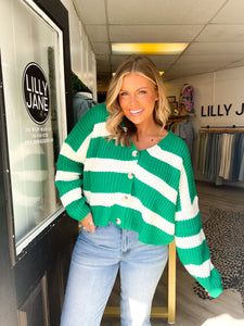 Clover Striped V-Neck Cardigan- Kelly Green