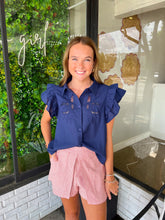 Load image into Gallery viewer, Bethany Embroidered Cut Out Flutter Top - Navy
