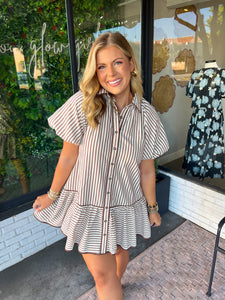 Carrie Striped Button Up Mini Dress- Brown