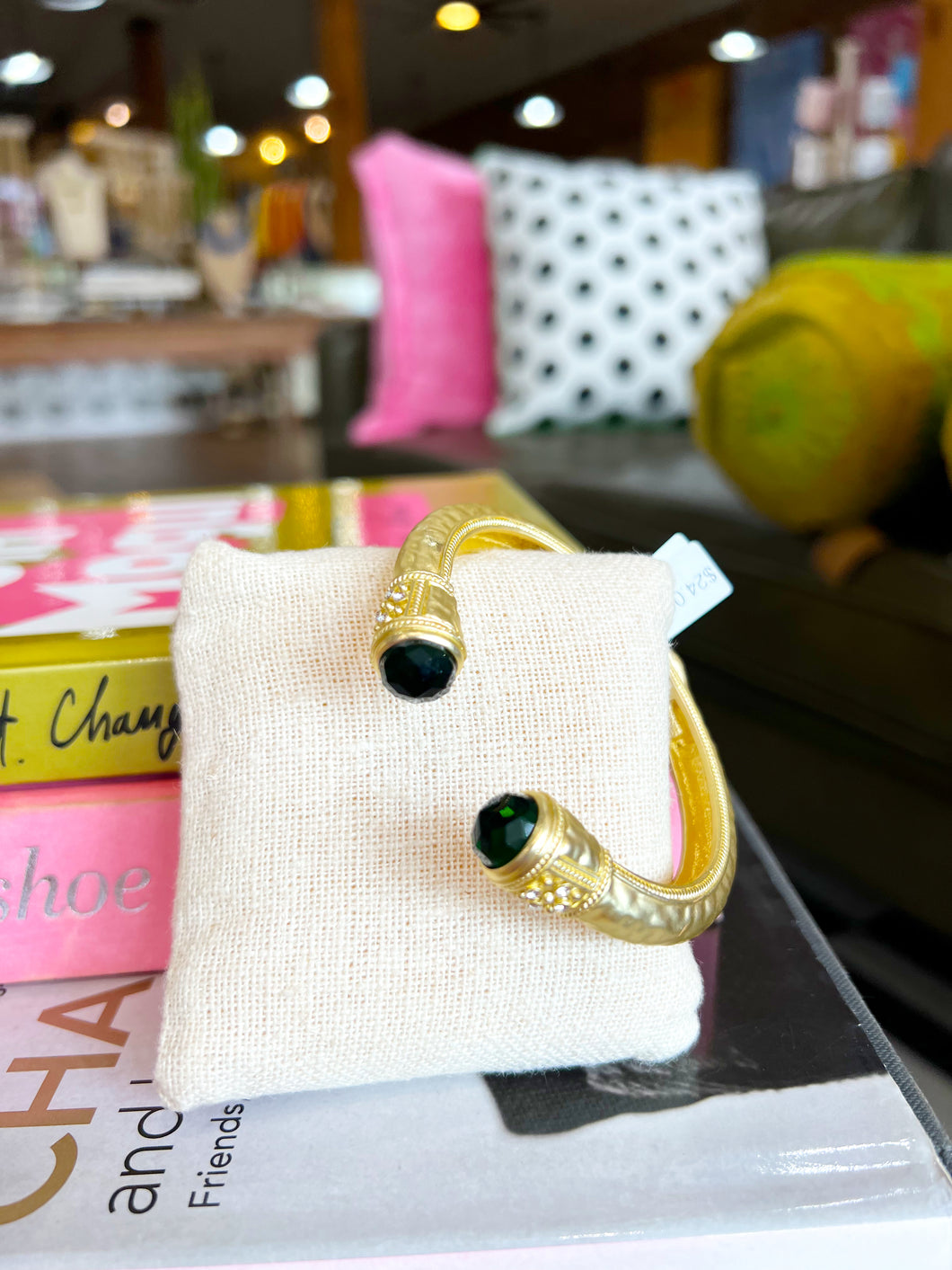 Gold Hammered Cuff - Emerald