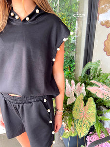 Hollie Pearl Studded Hood Short Set- Black