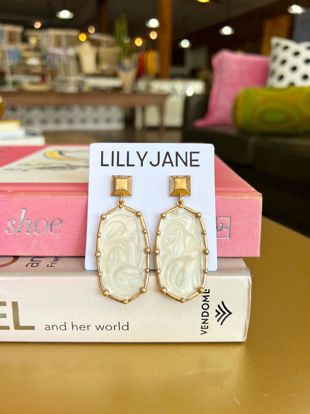 Gold Hexagon Dangle Earrings- Ivory