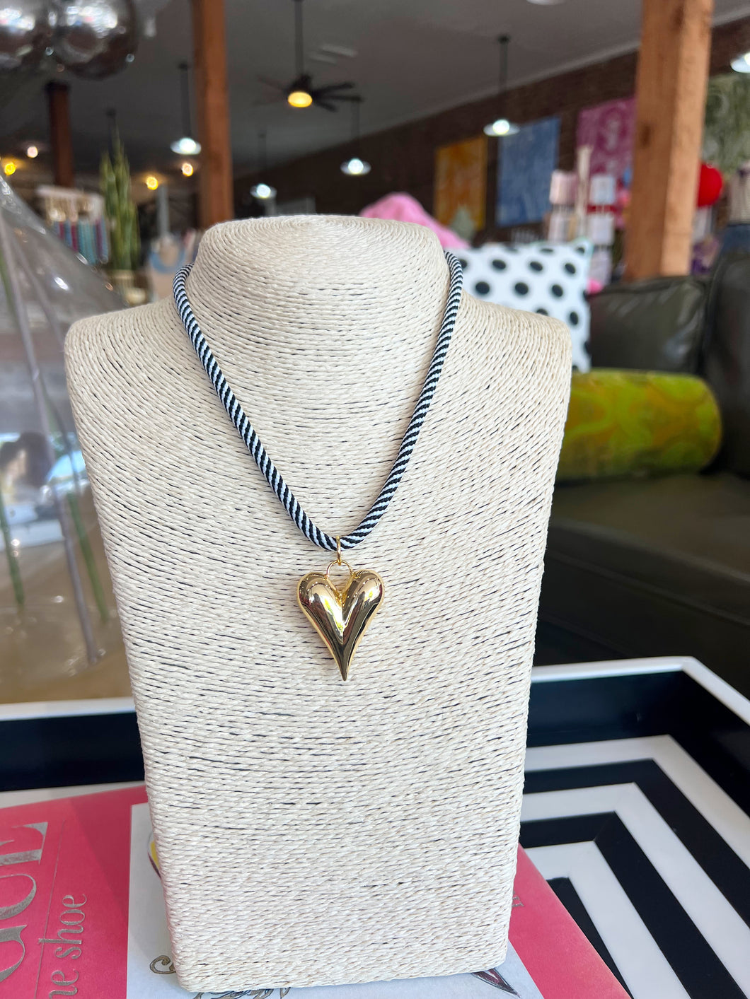 Gold Heart Pendant Necklace - Black Stripe