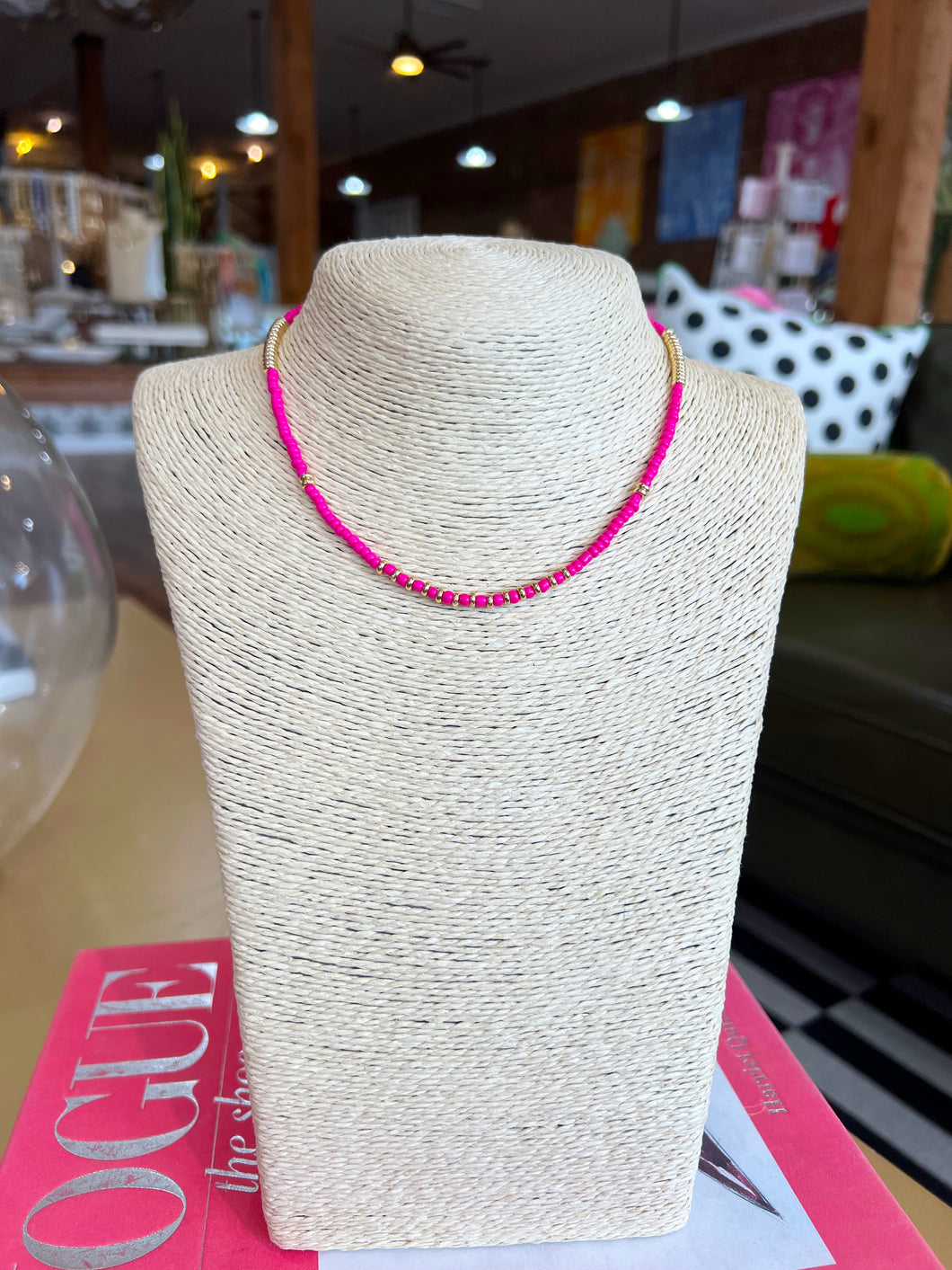 Dainty Gold Seed Bead Necklace -Fuchsia