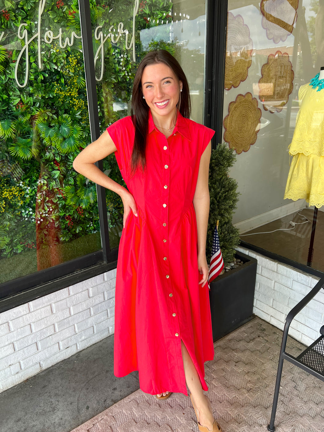 bridget midi dress Bridget Button Up Gathered Waist Midi Dress- Red – Lilly Jane