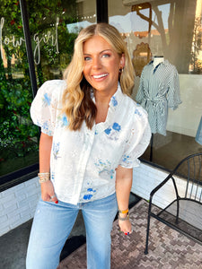 Chloe Floral Eylet Button Up Top- White