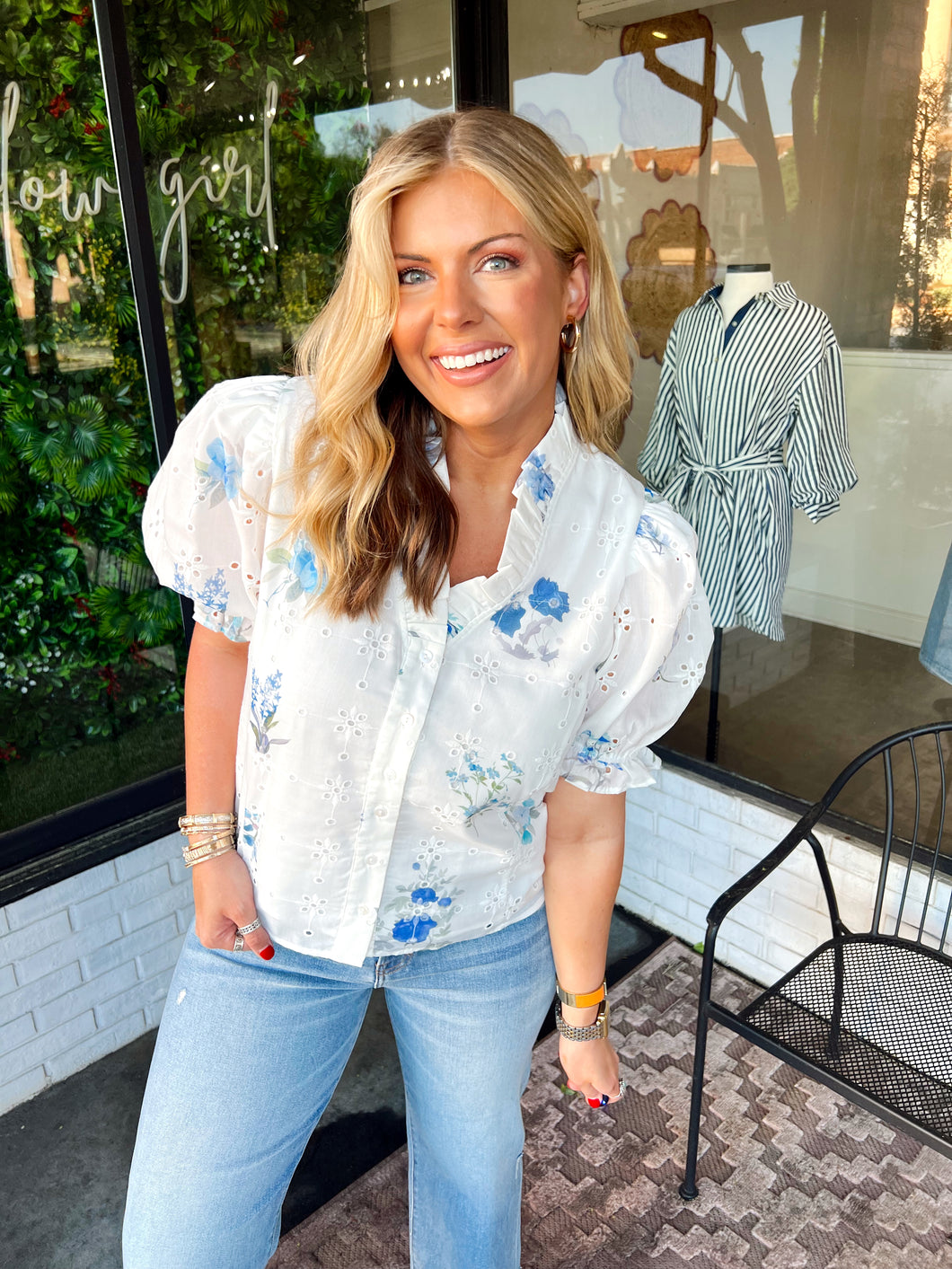 Chloe Floral Eylet Button Up Top- White