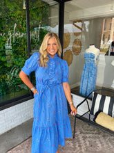 Load image into Gallery viewer, Nikki Floral Embroidered Stripe Midi Dress- Blue/White
