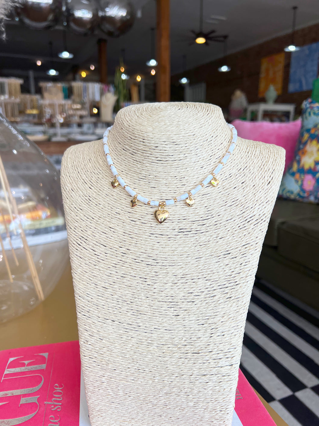 Dainty Beaded Heart Charm Necklace-White