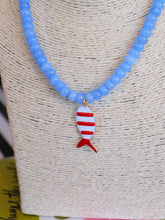 Load image into Gallery viewer, Rondelle Beaded Fish Pendant Necklace -Light Blue/Red Stripe
