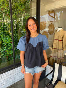 Laken Color Block Poplin Top - Navy/Blue