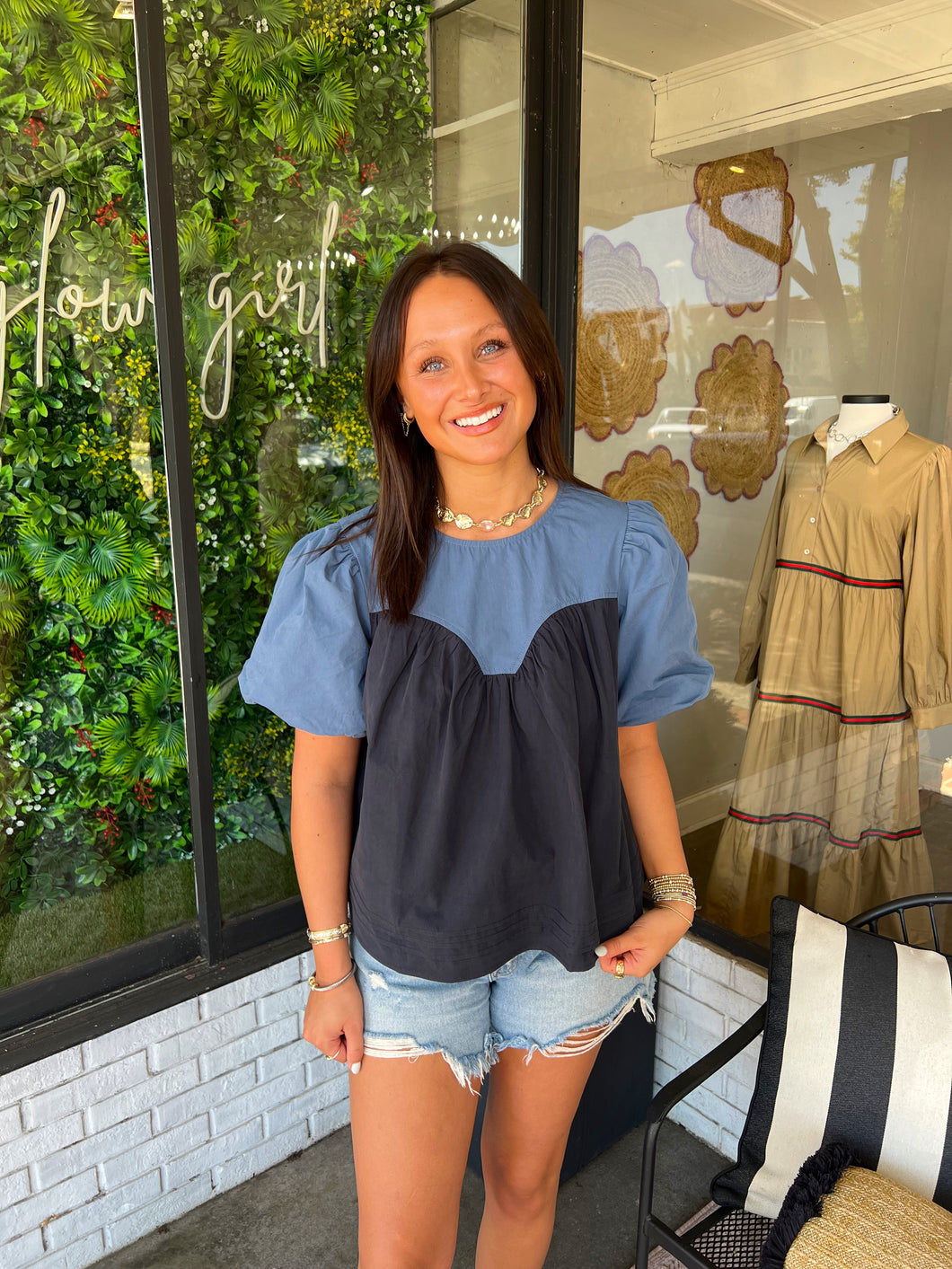 Laken Color Block Poplin Top - Navy/Blue