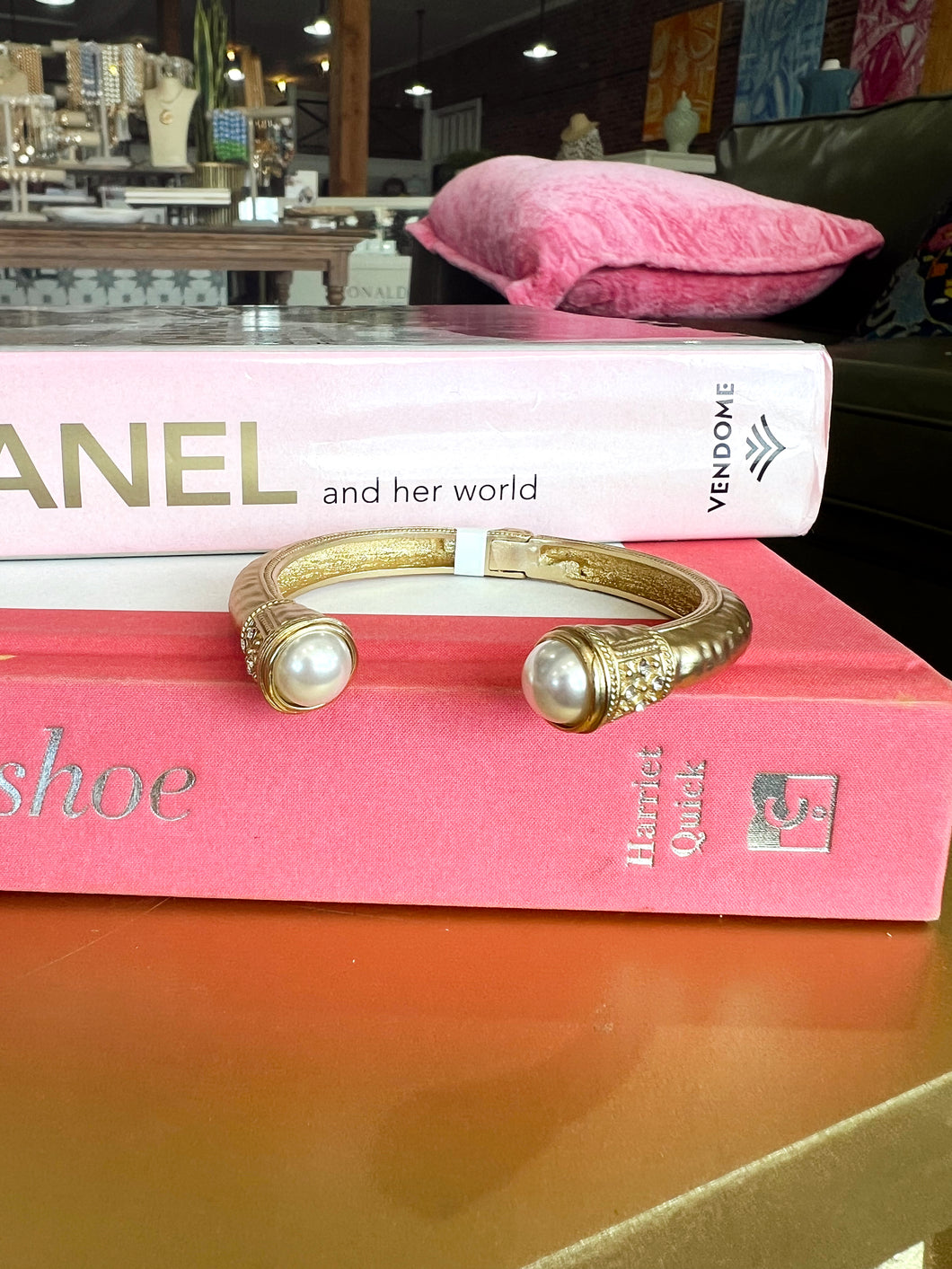Gold Hammered Bracelet Cuff- Pearl