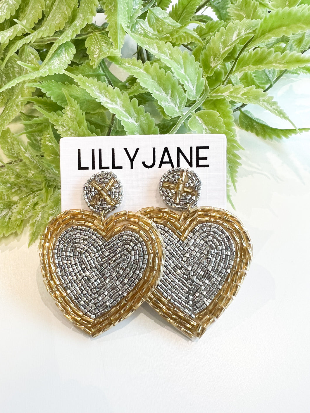 Silver & Gold Seed Bead Heart Earrings