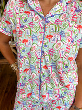 Load image into Gallery viewer, Mahjong Dreams Short Sleeve Button Up Pajama Set- Blue Multi
