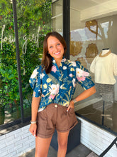 Load image into Gallery viewer, Sydni Floral Ruffle Neck Button Up Top- Teal
