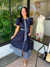 Load image into Gallery viewer, Margaret Stripe Button Up Midi Dress-Navy
