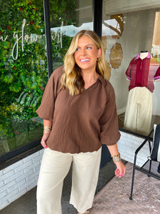 Lennox Textured Scallop V-Neck Top- Brown