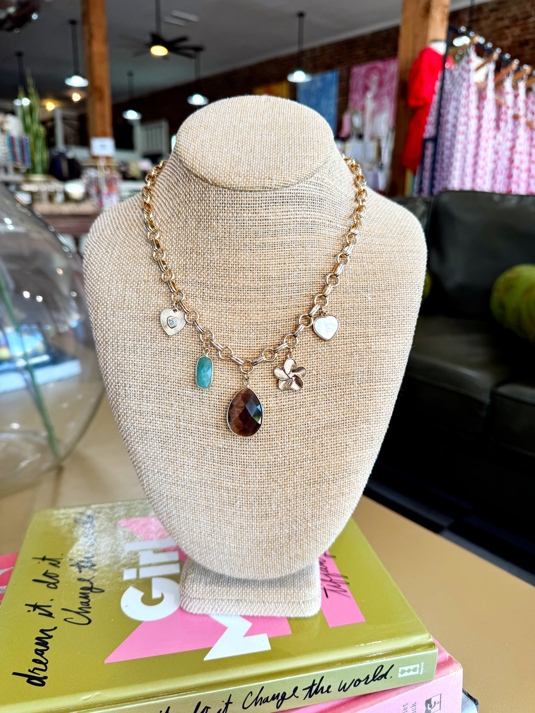 Gold Teardrop Multi Charm Necklace -Brown Multi