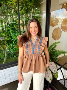 Hudson Scalloped Trimmed Top- Brown/Blue