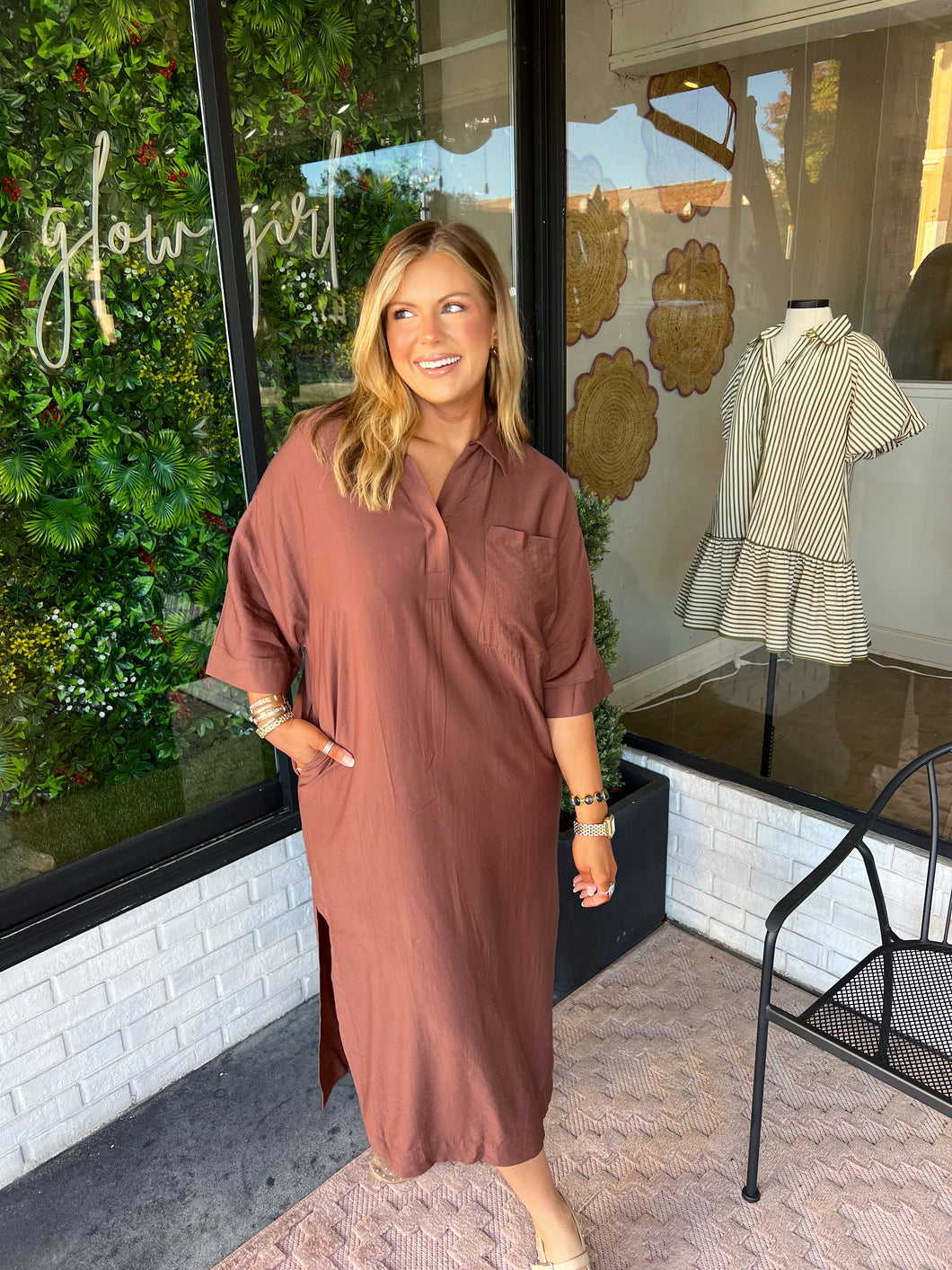 Chloe V-Neck Collared Midi Dress- Brown