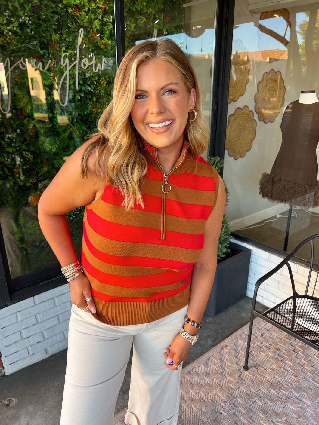 Lydia Striped Sleeveless Knit Top- Red/Camel