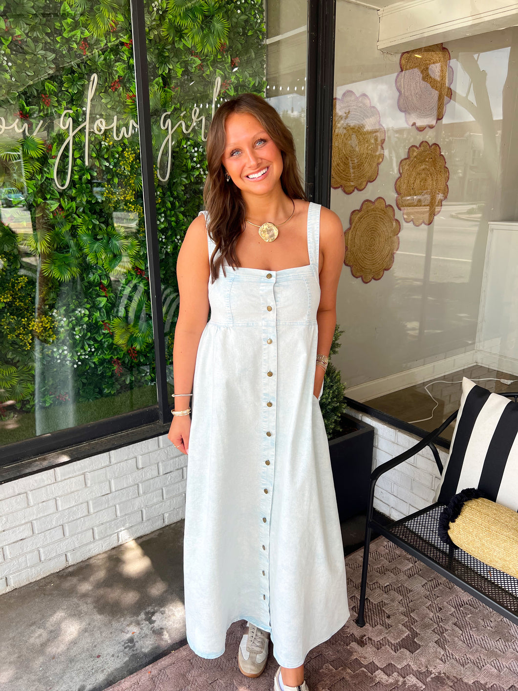 Hannah Washed Button Up Denim Maxi Dress- Light Blue