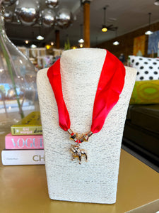 Bulldog Charm Scarf Necklace - Red