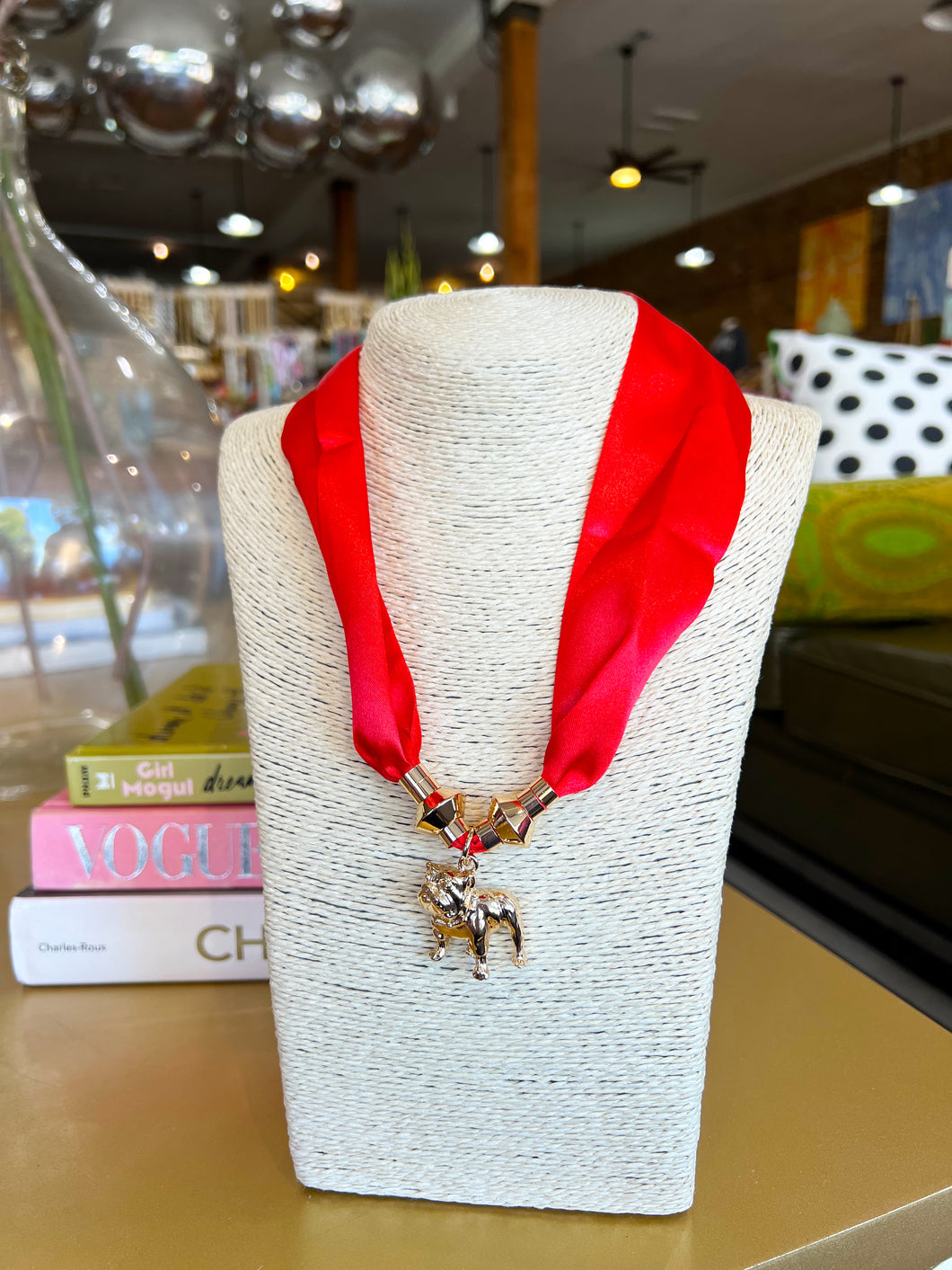 Bulldog Charm Scarf Necklace - Red