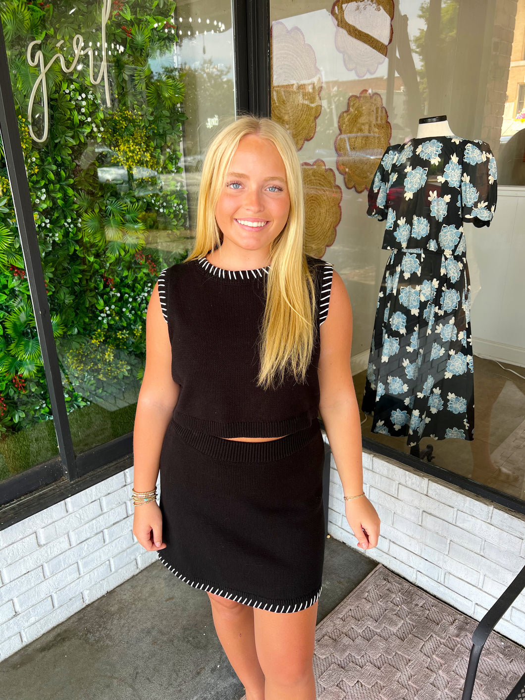 Mabrie Stitched Knit Skirt Set - Black