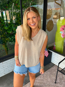 Mollie Striped V-Neck Pleated Top- Taupe