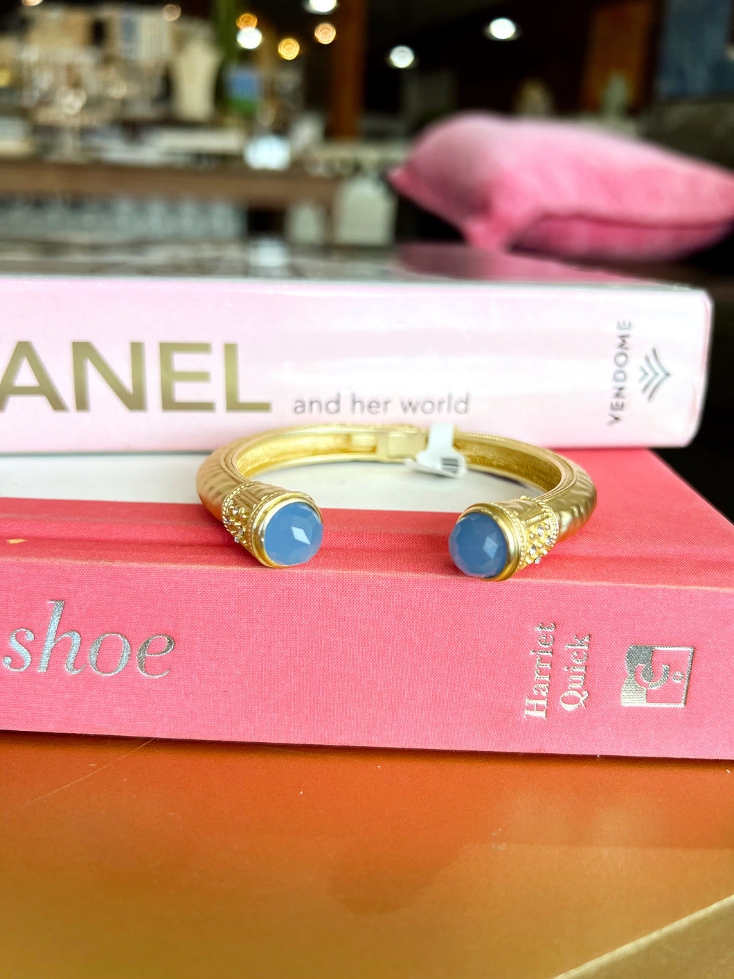 Gold Hammered Bracelet Cuff- Light Blue