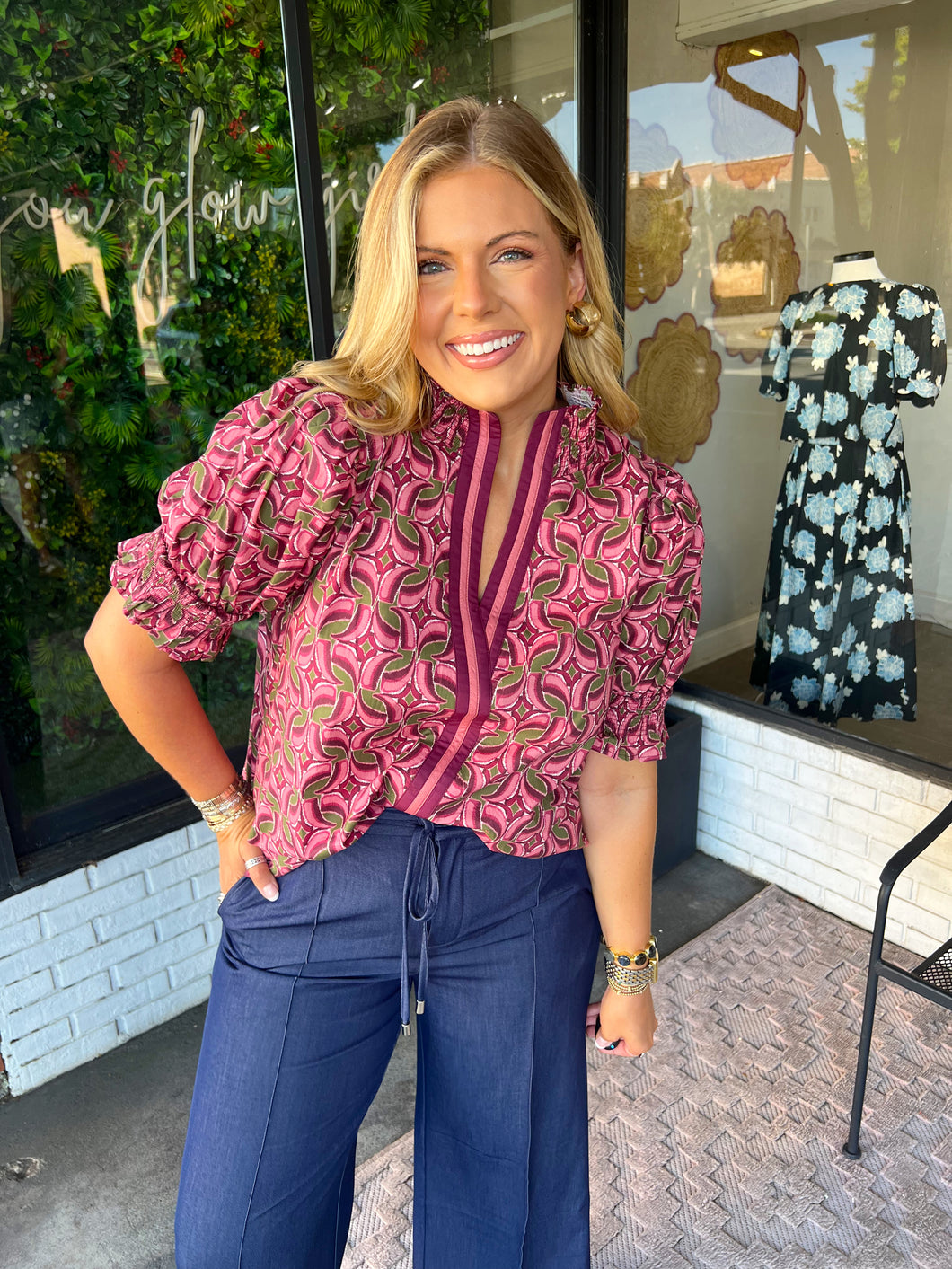 Olivia Abstract Pattern V-Neck Top - Burgundy